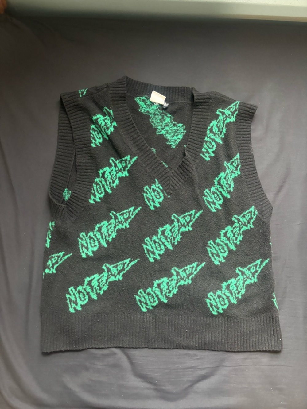 H&M x No Fear Black V-Neck Sweater Vest with Green All-Over Script